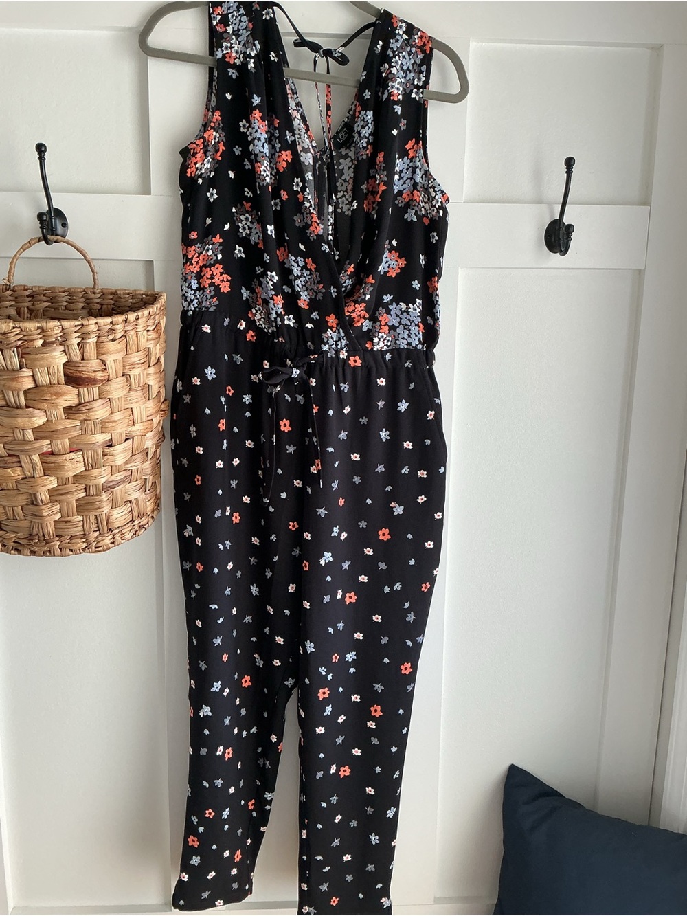 LOFT Black Sleeveless Floral Jumpsuit with Orange and Light Blue Flowers